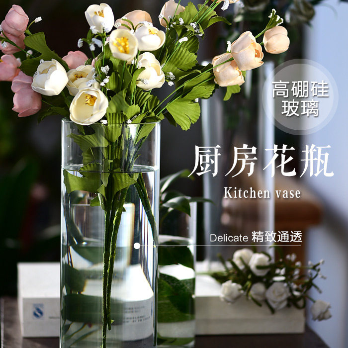 Xibi European-style straight-tube dining table glass vase transparent straight-tube fish tank rich bamboo hydroponic flower arrangement living room decoration