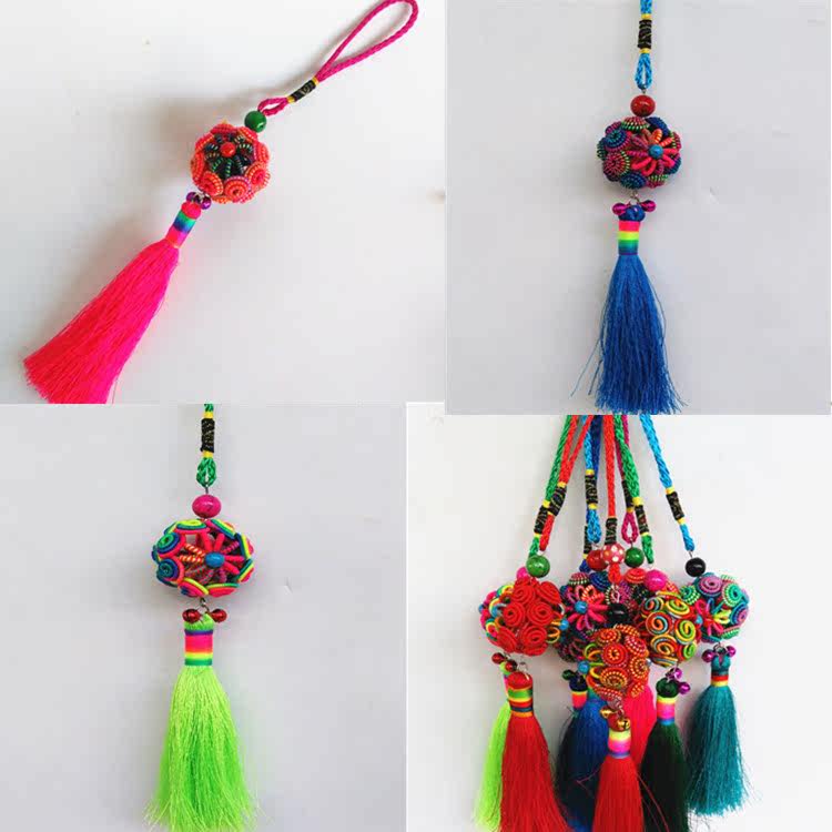 Guangxi Ethnic Wind Suzuki Bell Ornament Handwoven Long Version Flow Suwax Rope Wax Thread Car Pendant Bag Hanging Embroidered Ball Pendant