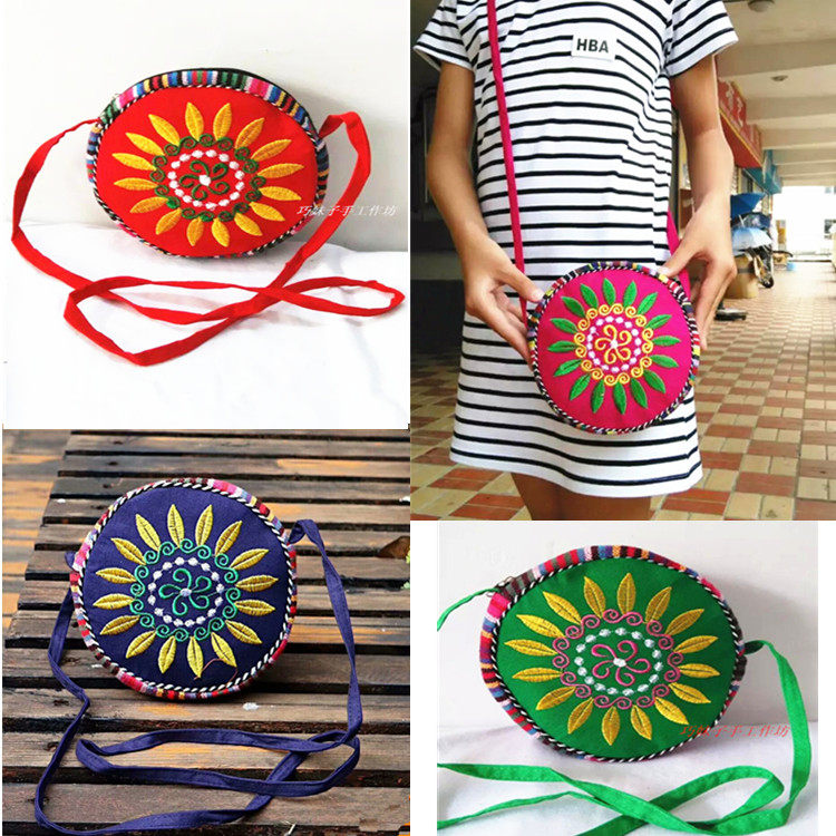Yunnan National Wind Featured Round Bag with two sides embroidered small slope embroidery mobile phone bag girl