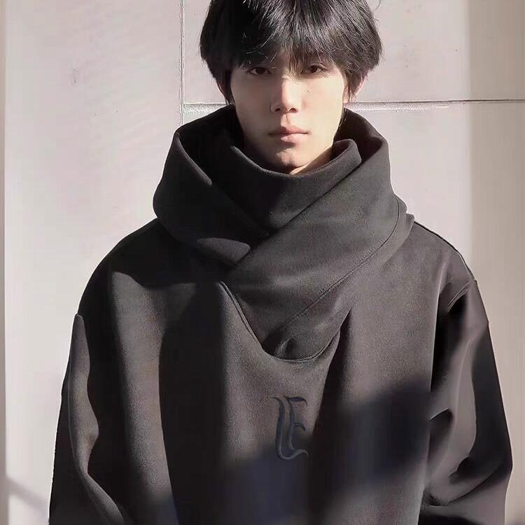 Autumn and winter hot-selling social anxiety hoodie with high collar, unisex, fleece-lined, thickened, masked ninja hoodie.