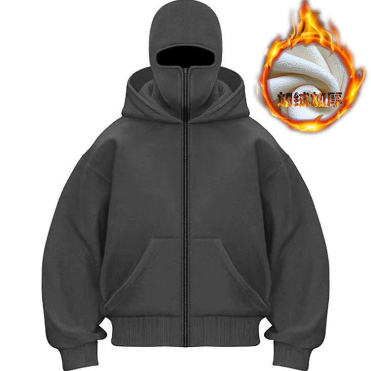 American-Style Balaclava Hooded Double-Hood Sweatshirt Zipper Cardigan Jacket for Men, Autumn and Winter, Fleece-Lined and Thickened, Bandit Hoodie American-Style Balaclava Hooded Double-Hood Sweatshirt Zipper Cardigan Jacket for Men, Autumn and Winter, Fleece-Lined and Thickened, Bandit Hoodie