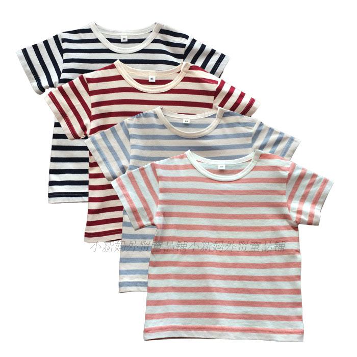 Foreign trade export organic cotton pure cotton male treasure female treasure striped short-sleeved T-shirt round neck T-shirt
