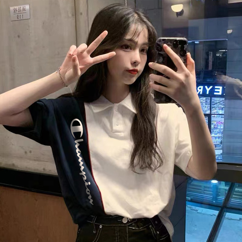 Japanese Version Champion Brand New Polo Collar Short-Sleeve T-Shirt for Women, Summer Regular Shoulder Pure Cotton Color-Blocking Loose Slimming Student Top