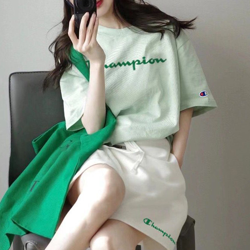 Japanese Version Champion Short-Sleeved T-Shirt Running Sports Suit for Women, New Summer Candy-Colored Casual Loose Pure Cotton Two-Piece Set