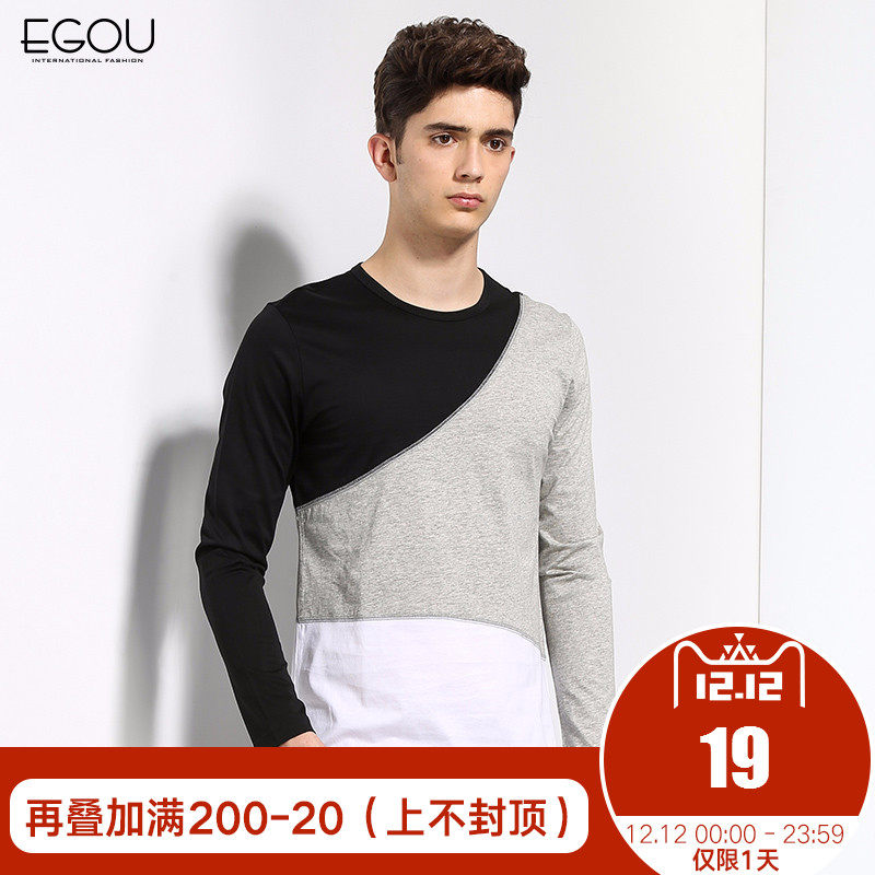 egou2017秋冬新款男士时尚圆领拼接潮男T恤50003-1