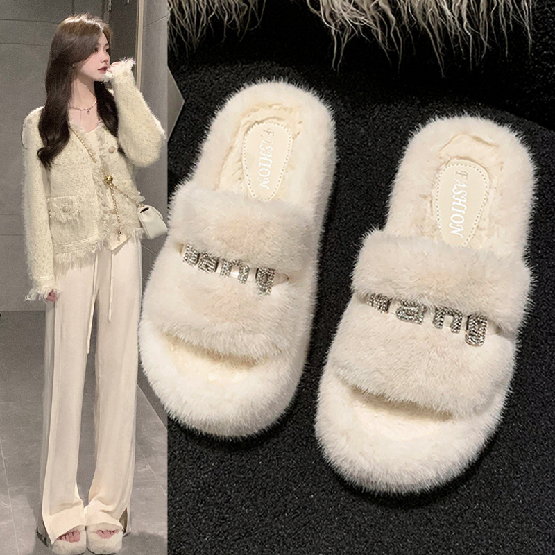 Japanese Thick-Soled Furry Slippers for Women, Autumn and Winter, High-End Style, 2026 New Model, Rhinestone, Warm Cotton Slippers ins Trendy Japanese Thick-Soled Furry Slippers for Women, Autumn and Winter, High-End Style, 2026 New Model, Rhinestone, Warm Cotton Slippers ins Trendy