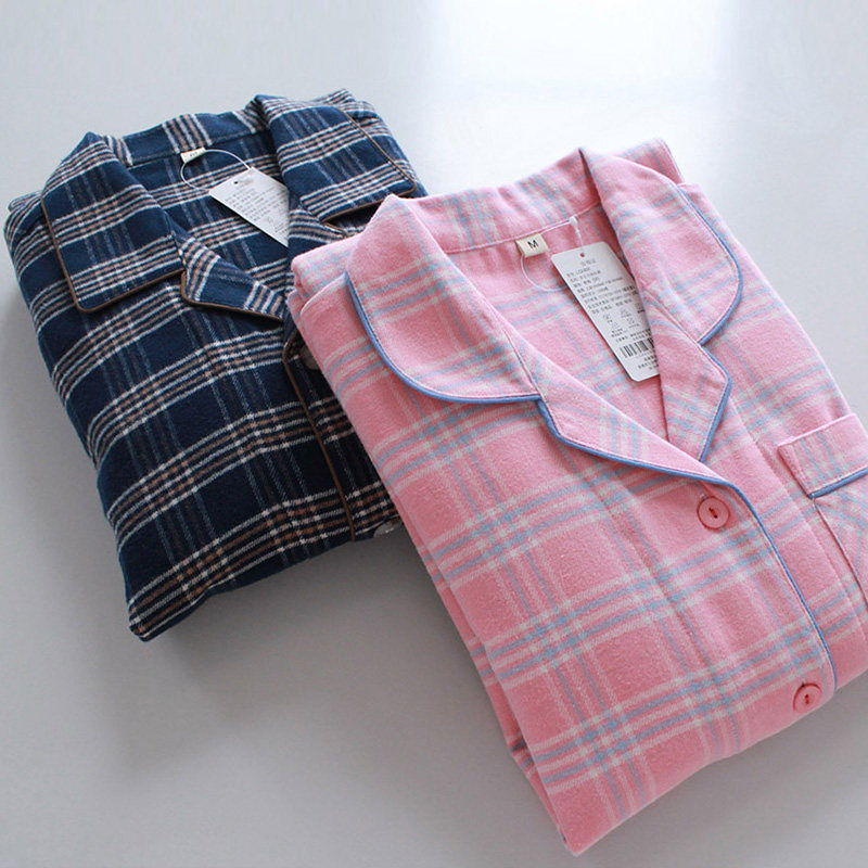 Double-strand flannel autumn and winter lovers yarn-dyed long-sleeved trousers pajamas set Men's and women's check cardigan home clothes