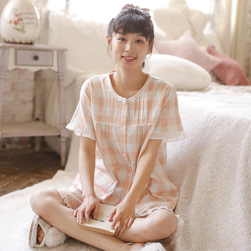 Pajamas Woman Summer Short Sleeves 50% Pants Pure Cotton Double Layer Gauze Day Department Brief Grid Student Thin two sets of suit