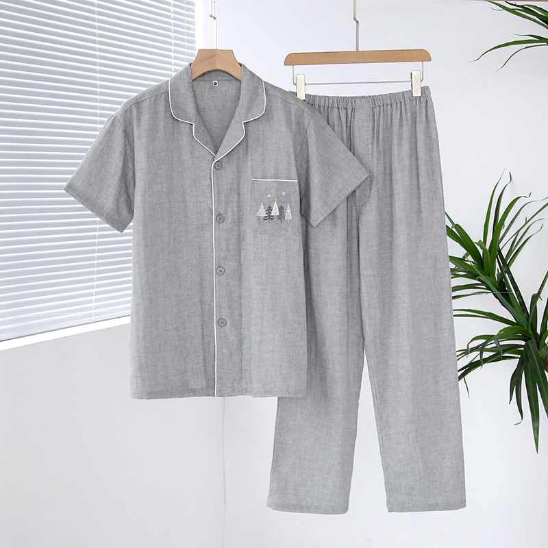 Japanese-Style Summer Couple Pajamas, Japanese-Style Solid Color Pure Cotton Double-Layer Gauze Short-Sleeved Long Pants Loungewear, Soft and Breathable