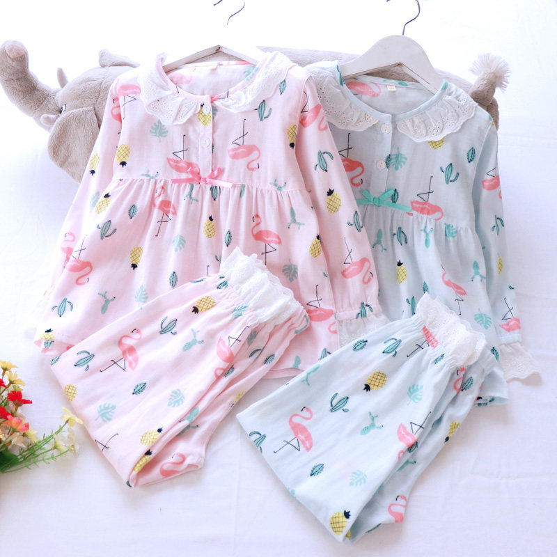 Fiery Bird Mother Daughter COTTON COTTON COTTON COTTON CLOTHING SPRING SUMMER PURE COTTON DOUBLE LAYER GAUZE THIN AIR PERMEABLE LONG SLEEVE IN-HOME CLOTHING