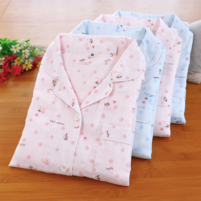 Spring Summer ladies' thin pyjamas long sleeves long sleeves trousers suit full cotton double layer gauze soft and breathable short sleeve home clothes