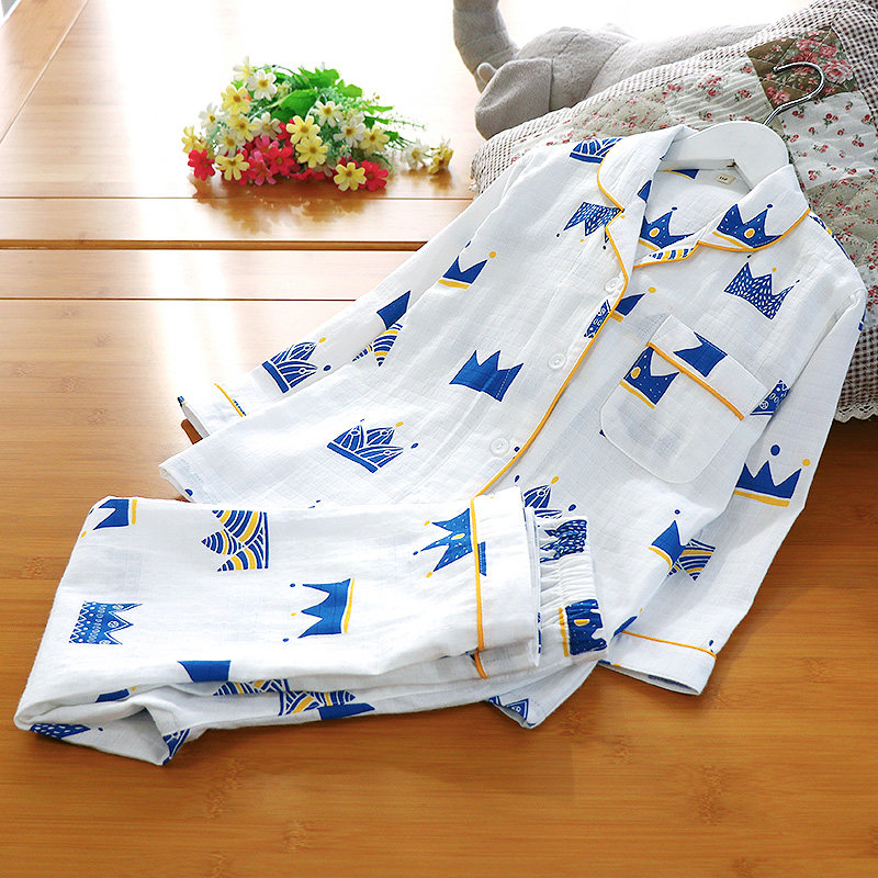 Dark Lattice Crown Boy Sleepwear Spring Summer Thin Full Cotton Double Layer Yarn Long Sleeve Long Pants Suit Flipped Cardiovert Cardiovert