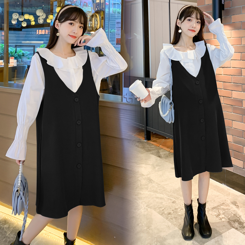 Pregnant Woman Spring Dress Suit Fashion New out V Collar Vest Skirt Easy large size Tide Spicy Mother Two-Style Ocean Dress