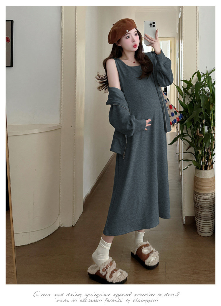 Maternity Suit Autumn Outfit 2026 New Style Loose Slimming Tank Dress Hooded Cardigan High-End Two-Piece Set for Pregnant Mothers — 9