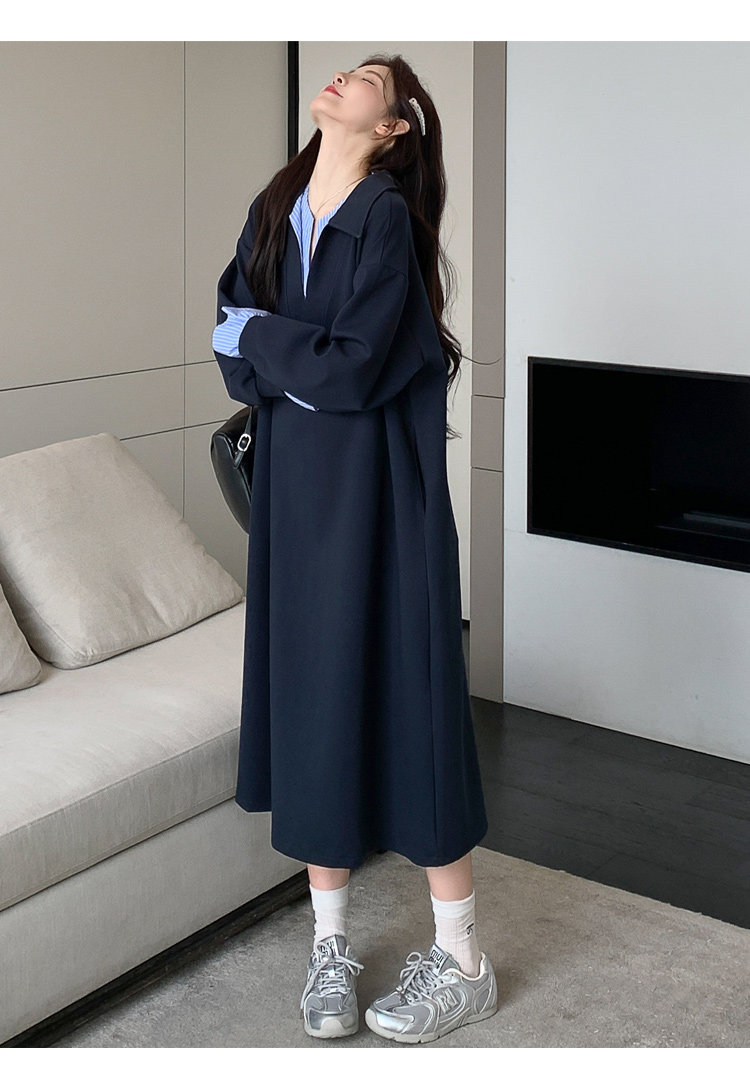 孕妇连衣裙2026秋装高级感孕期不显怀条纹拼接假两件翻领上班裙子 — 15