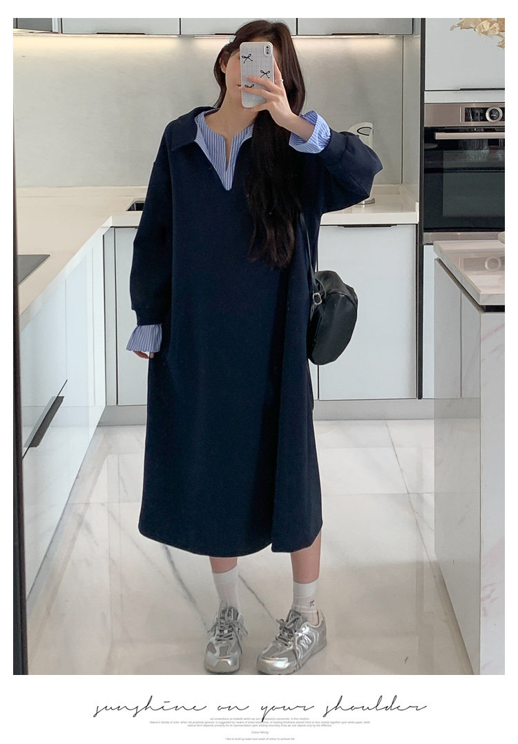 孕妇连衣裙2026秋装高级感孕期不显怀条纹拼接假两件翻领上班裙子 — 8