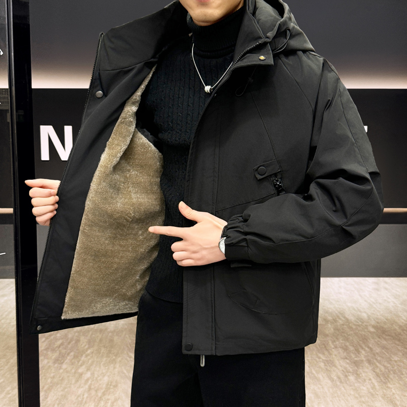 New Winter Men's Hooded down Cotton Jacket, Short Style, Thickened, Warm, Fleece-Lined Coat, Winter Clothing, Large Size, Loose Top