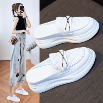 Genuine leather outwear Baotou Mid-drag woman 2022 Summer new One foot pedal sloth person No heel small white shoe