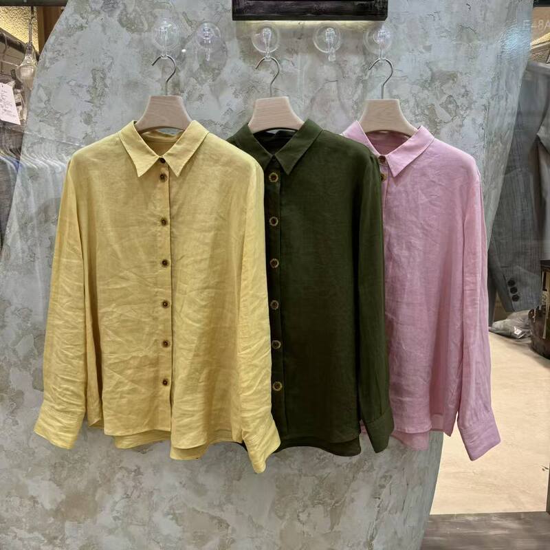 Niche Designer Nora Series Lapel Single-Breasted Long-Sleeve Shirt Linen Sunflower Denim Shirt