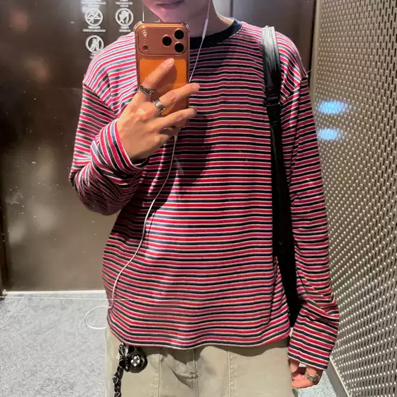 Fateegg American Retro Relaxed and Lazy Style Striped Long-Sleeve T-Shirt Japanese Loose-Fitting Unisex Casual Base Shirt