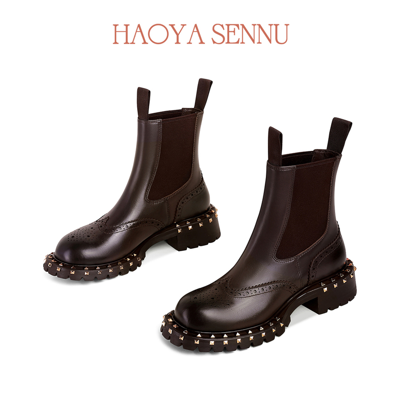 2026 Autumn/Winter New Style Rivet Sole Chelsea Women's Genuine Leather Ankle Boots Slip-On Brogue Leather Boots Stylish Martin Boots 2026 Autumn/Winter New Style Rivet Sole Chelsea Women's Genuine Leather Ankle Boots Slip-On Brogue Leather Boots Stylish Martin Boots