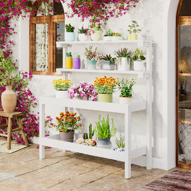 ລະບຽງໄມ້ຕ້ານການ corrosion ກາງແຈ້ງໄມ້ແຂງ succulent flower shelf indoor pothos ຕ້ານກັບກໍາແພງຫີນກາງແຈ້ງ rack ເກັບຮັກສາຫຼາຍຊັ້ນຊັ້ນຢືນ