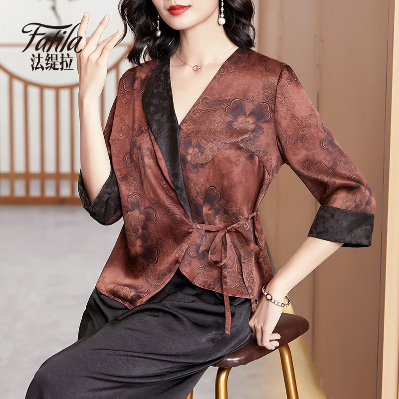 High-end middle-aged mom Xiang Yun silk coat Short autumn silk shirt printed jacket large yards