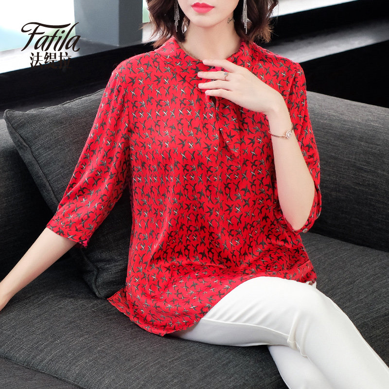 Hangzhou red middle aged mother weighs in real silk blouses female medium long version loose silk satin silk shirt foreign pie