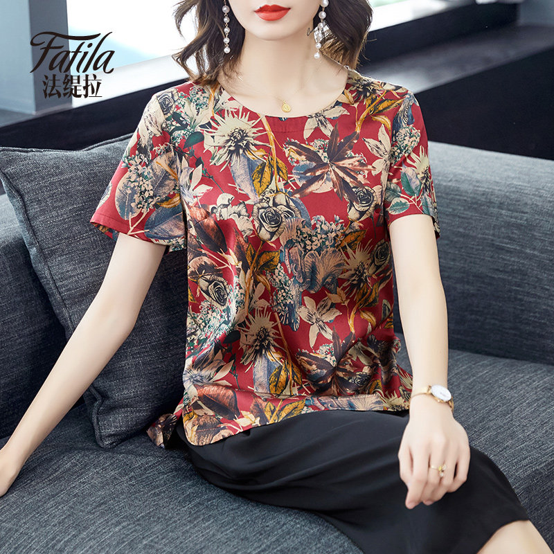 Retro Port Taste Middle Aged Mother Weighs Real Silk Shirt Woman Printed Satin Mulberry Silk Blouse Big Size 2022 New