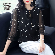 Black wave dot loose size silk shirt womens middle sleeve 2019 new spring summer ribbon slim mulberry silk top