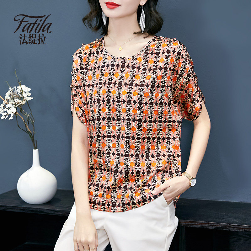Hangzhou Printed Heavy Pound Genuine Silk Shirt Woman Short Sleeve Satin Facial Mulberry Silk Blouse Loose Large Size 2020 New Spring Summer