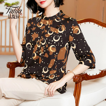 Heavy Pound Genuine Silk Shirt Woman Middle Sleeve Printed Big Code Loose Satin Mulberry Silk Blouse 2022 Spring Summer New Mother