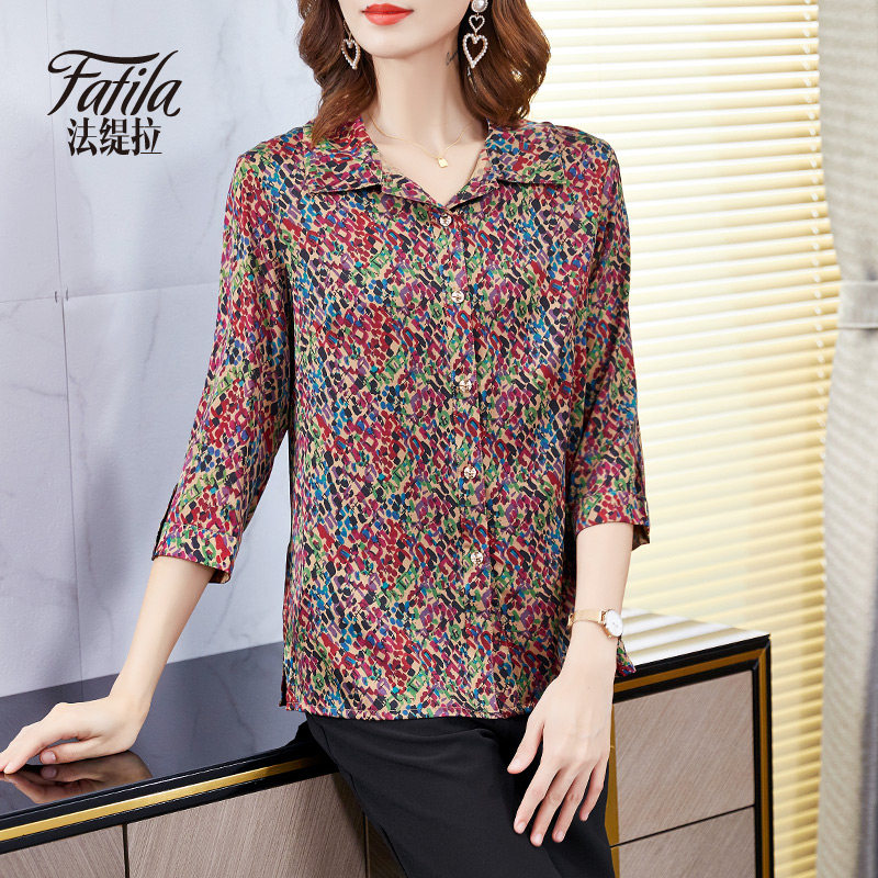 Heavy-pound real silk blouses women's large size printed small shirts mulberry silk shirts middle-aged mothers top 2021 new spring and summer