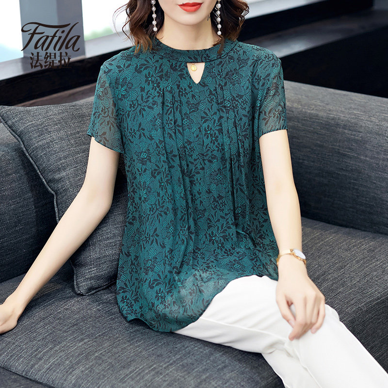 Standing Collar Heavy Pound Genuine Silk Shirt Woman Short Sleeve Loose Large Size Slim Double Layer Mulberry Silk Blouse 2020 New Spring Summer
