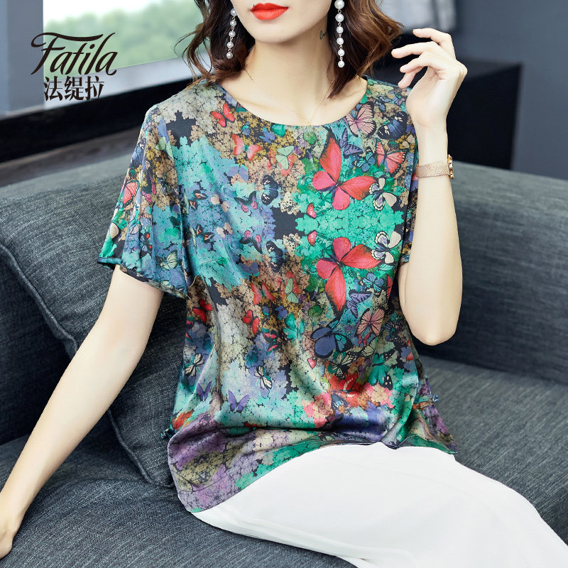 Middle aged mother satin heavy-pound real silk blouses woman short sleeve large size small shirt mulberry silk shirt 2022 new spring and summer