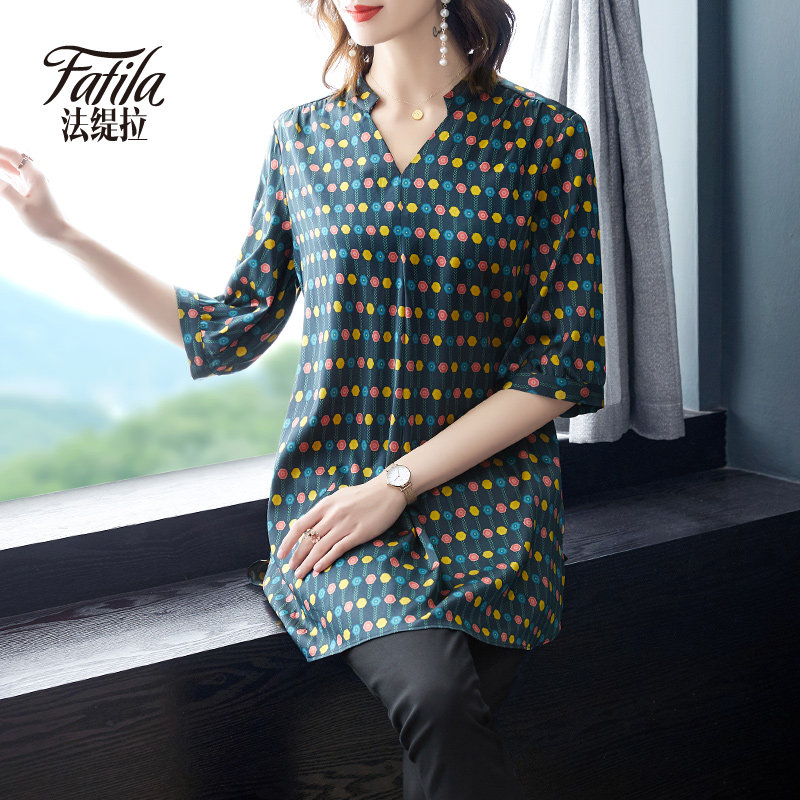 Medium - long - edition heavy silk shirt female loose wave point printing middle - aged satin sauna silk tops 2020 new product
