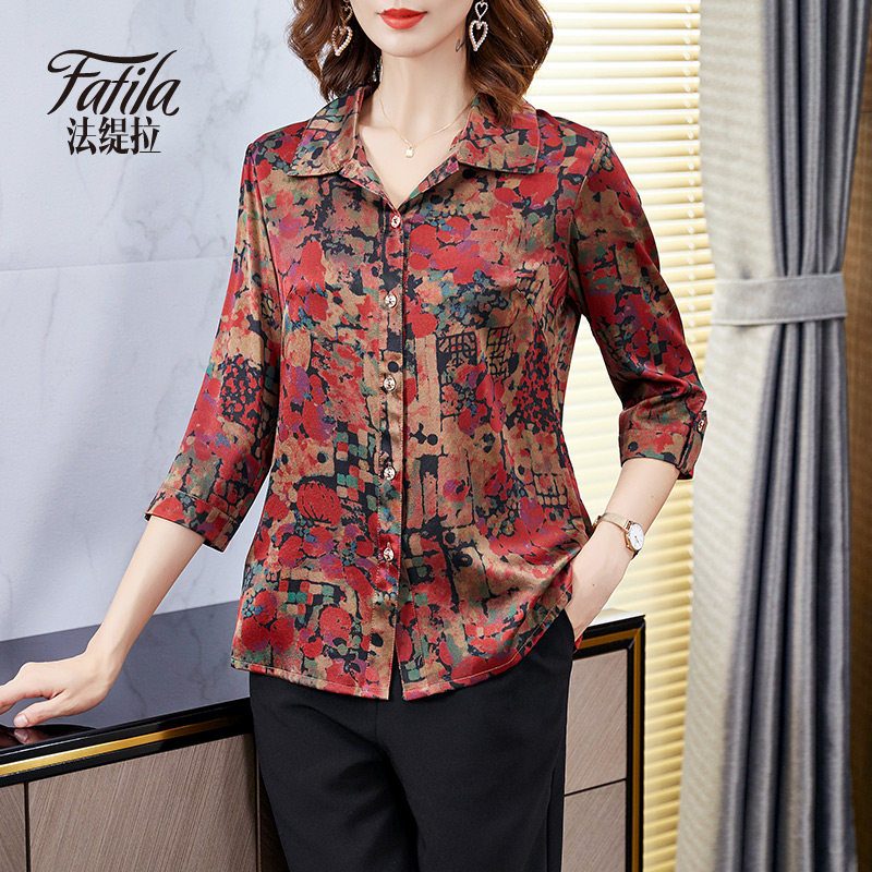 Middle-aged and elderly mothers heavy silk tops women's large size printed small shirts mulberry silk shirts 2021 new spring and summer