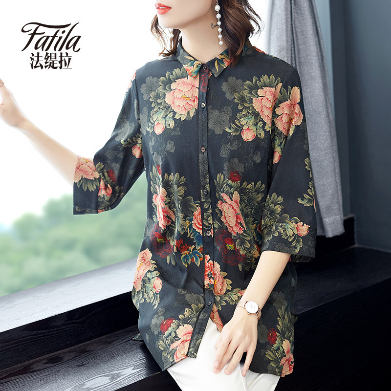 Hangzhou middle-aged old mother heavy silk shirt woman middle and long version loose large size satin silk tops new