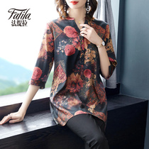 Middle-aged and elderly heavy silk shirt female vintage print loose satin mulberry silk top long 2020 New