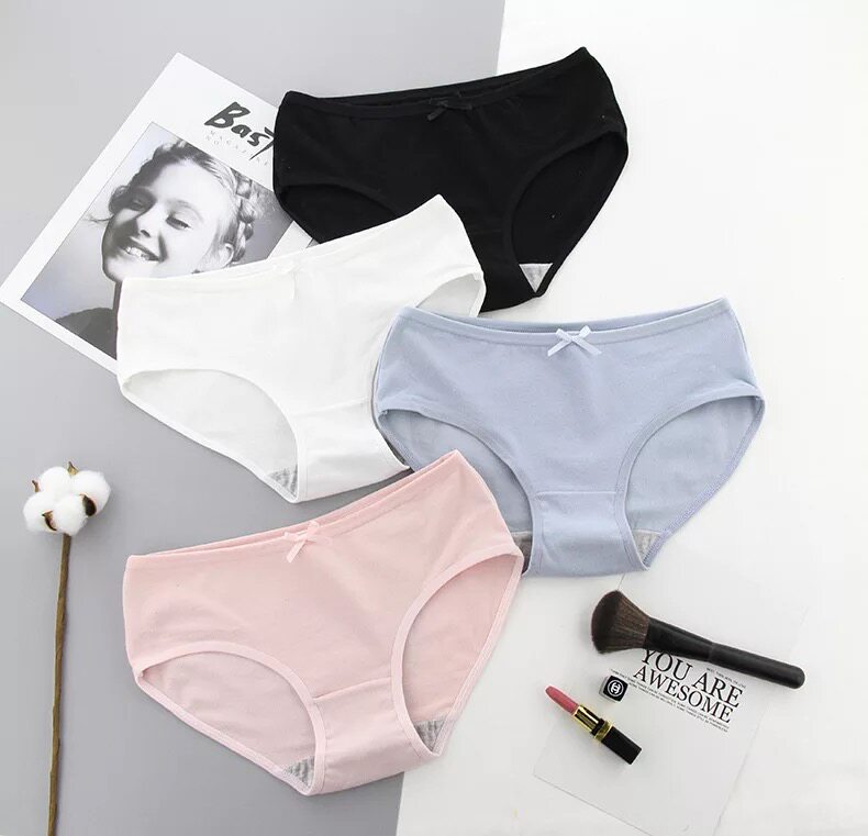 5pcs Solid Color Cotton Panties Ladies Mid Waist Plus Size Bow Simple Brief Briefs Student Shorts