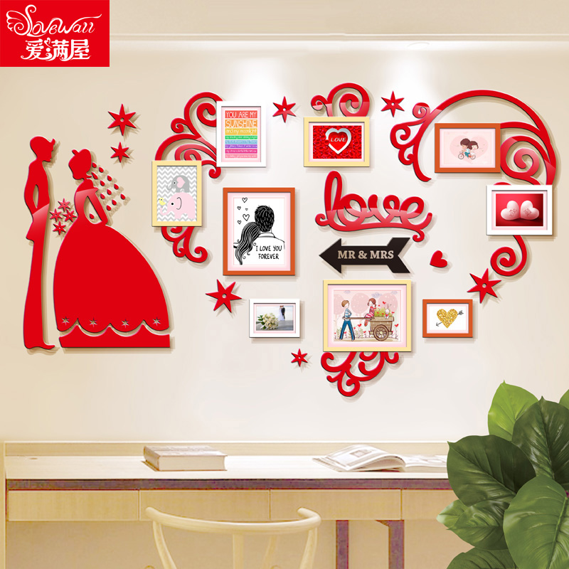 Heart-shaped Photo Wall Decoration Acrylic Solid Eurostyle Creative Personality Wedding Happy bedroom photo frame hanging wall combination-Taobao