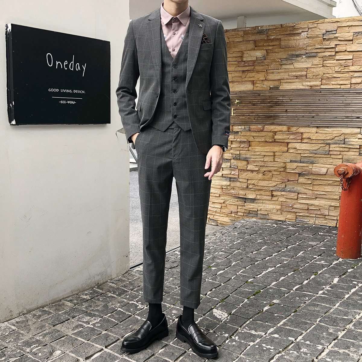 Suit suit Men's slim plaid casual British style groom best man wedding Korean version suit vest three-piece set