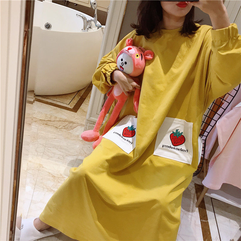 Spring and autumn long-sleeved nightdress terry cotton fruit embroidery pajamas women's loose large size fat mm200 catties home service