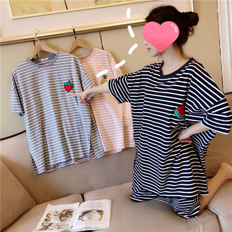 Short-sleeved pajamas women's summer Korean version pure cotton striped fruit embroidery home clothes fat mm large size 200 catties suit outer wear