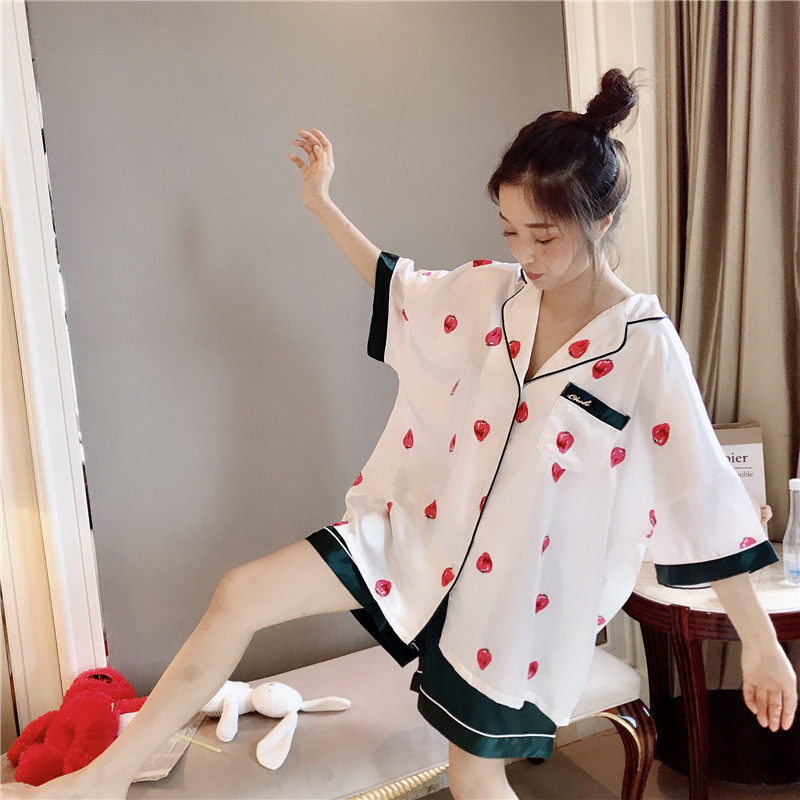 Simulated silk short-sleeved pajamas women's summer thin ice silk strawberry print home service large size fat mm200 catties suit