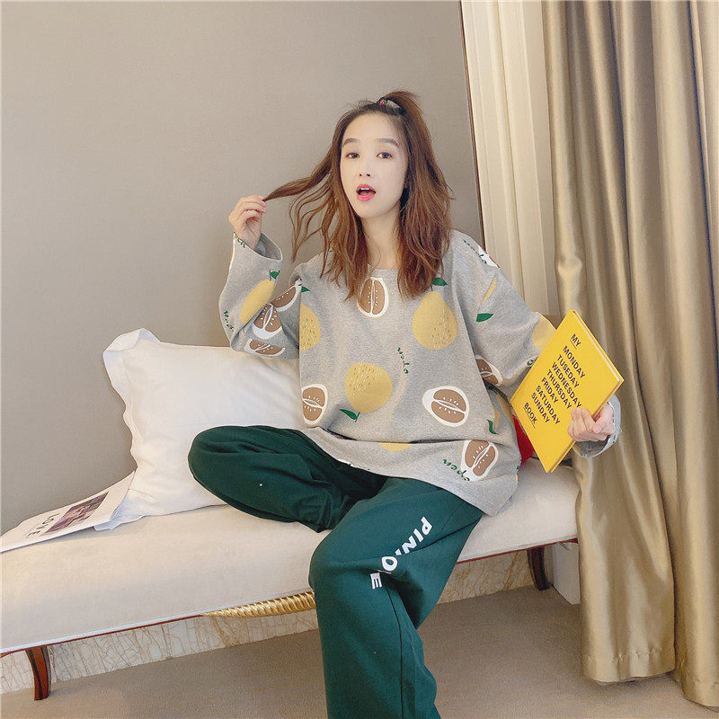 Spring and autumn thickened cotton pajamas women's fruit printed home clothes plus fat XL fat mm200 catties suit spring