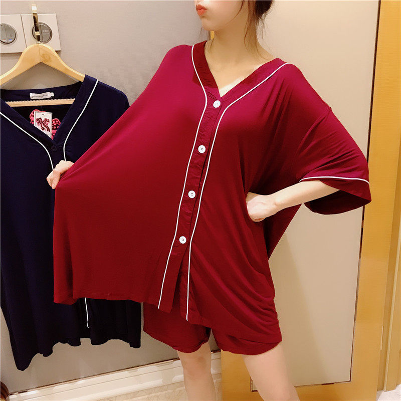 Short-sleeved shorts pajamas women's summer thin section modal cotton simple cardigan home service large size fat mm200 catties suit