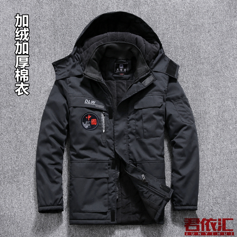 Winter black plus velvet thick warm padded jacket with multiple pockets and large pockets army green padded jacket men's outdoor windproof cotton coat