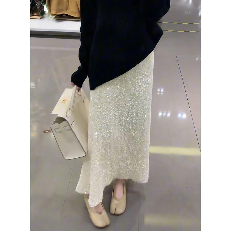 Shiny Mid-Length Skirt for Women, Fishtail Skirt for Spring, Autumn and Winter, Slimming High-Waisted Heavy Sequin Hip-Hugging Skirt for Women