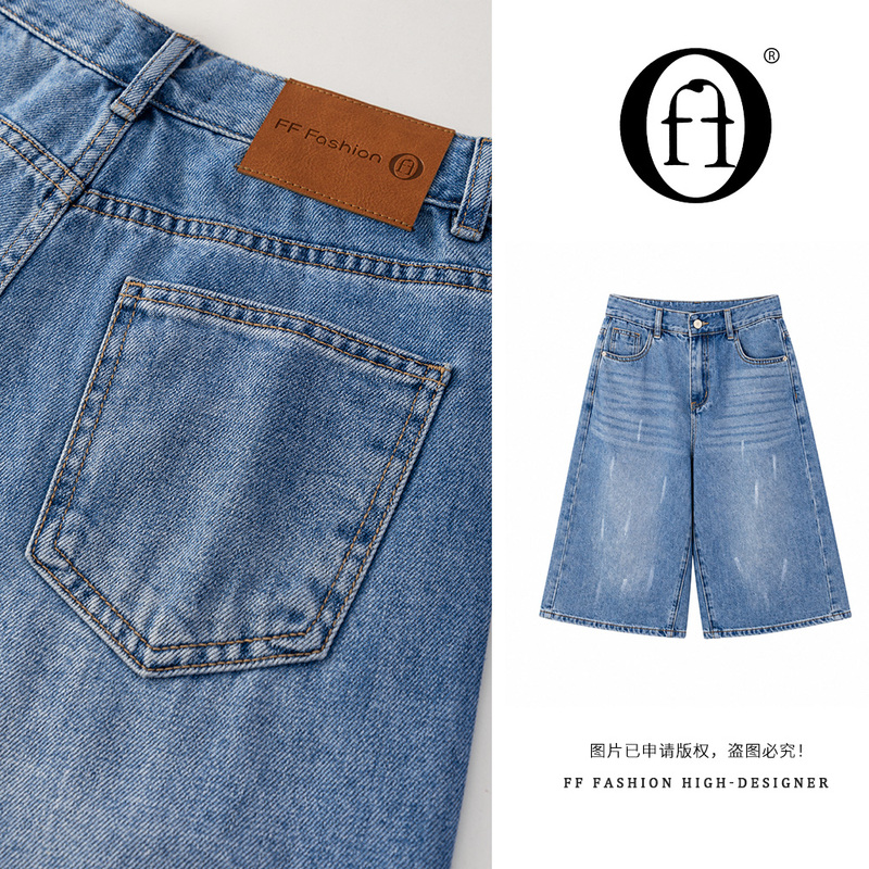 Ff【Summer】Capri Pants Summer New Style High-Waisted Wide-Leg Denim Capri Slimming Straight-Leg Jeans F60018